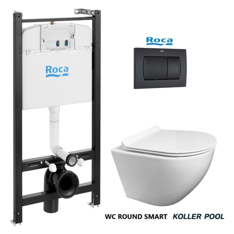 Roca - Pack Active réservoir Encastrable et plaque Noir Mat avec wc suspendu kp round blanc Abattant fin