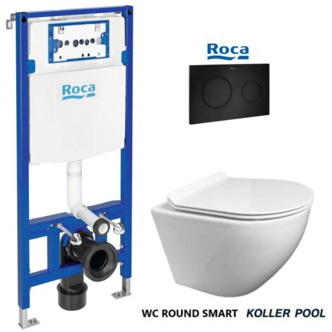 PACK ROCA DUPLO Bati-Support RÉSERVOIR ENCASTRABLE ET PL10 DOUBLE PLAQUE NOIR AVEC WC SUSPENDU KP ROUND SMART Abattant Fin Blanc