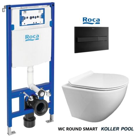 PACK ROCA DUPLO Bati-Support RÉSERVOIR ENCASTRABLE ET PL7 DOUBLE PLAQUE NOIR AVEC WC SUSPENDU KP ROUND SMART Blanc Abattant fin