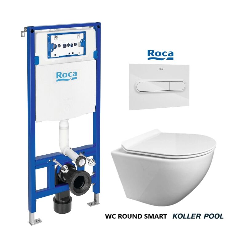Roca - pack duplo Bati-Support réservoir encastrable et plaque PL1 blanc brillant avec wc suspendu kp round smart White Tornado 3.0
