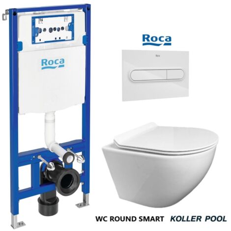 PACK ROCA DUPLO Bati-Support RÉSERVOIR ENCASTRABLE ET PLAQUE PL1 BLANC BRILLANT AVEC WC SUSPENDU KP ROUND SMART White Tornado 3.0