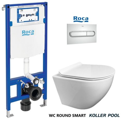 PACK ROCA DUPLO Bati-Support RÉSERVOIR ENCASTRABLE ET PLAQUE PL1 CHROME BRILLANT AVEC WC SUSPENDU KP ROUND SMART Abattant Fin Blanc