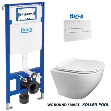 PACK ROCA DUPLO Bati-Support RÉSERVOIR ENCASTRABLE ET PLAQUE PL7 BLANC MAT AVEC WC SUSPENDU KP ROUND SMART Abattant Fin Blanc