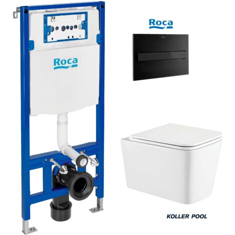 Pack ROCA Duplo One – Bâti-support avec réservoir encastré, plaque PL7 noir mat et WC suspendu Trend 49 cm Vortex System KP