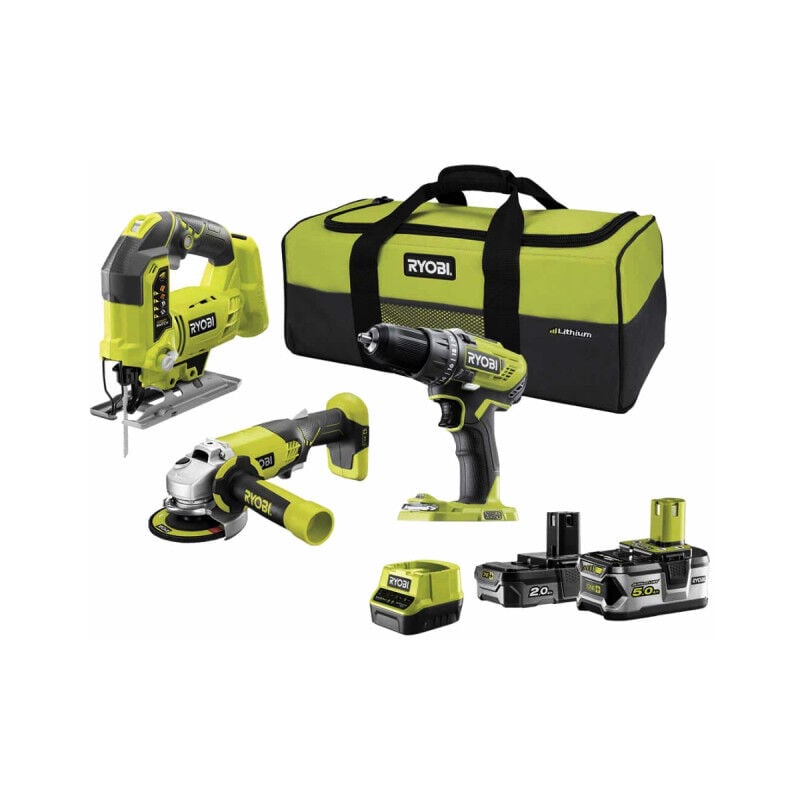 Ryobi - Pack 18V One+ - Perceuse-visseuse - Meuleuse - Scie sauteuse pendulaire - 2 batteries - 1 chargeur rapide R18CK3C-252SL