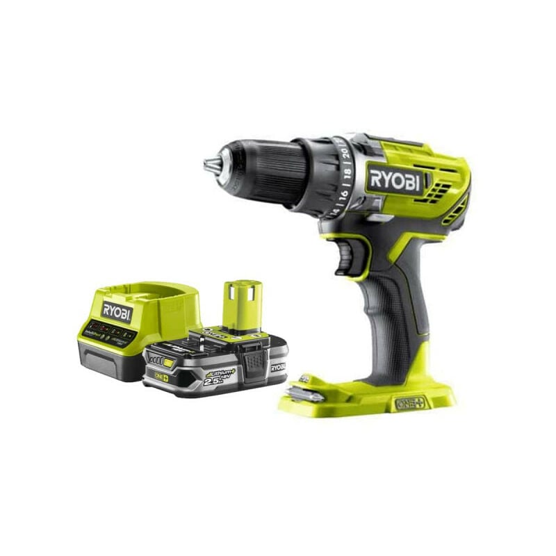 Ryobi - Pack 18V Perceuse-visseuse One+ R18DD3-0 - 1 Batterie 2.5Ah - 1 Chargeur rapide RC18120-125