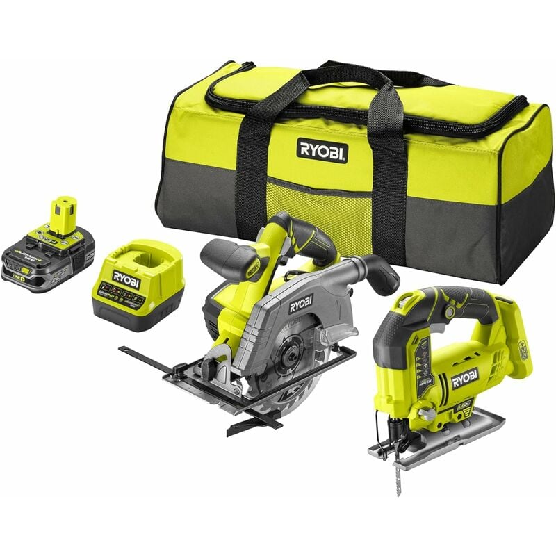 Pack Ryobi 2 outils: Scie circulaire 18 v One+ (R18CS-0) - Scie sauteuse pendulaire 18 v one+ (R18JS-0) - Une batterie 2,5 Ah - Chargeur - Grand Sac