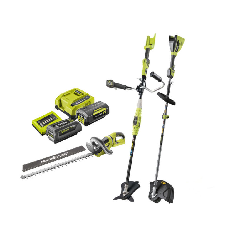 Ryobi - Pack 36V Débroussailleuse - Taille-haies - Coupe bordures - 2 Batteries 4,0Ah - 2 Chargeurs