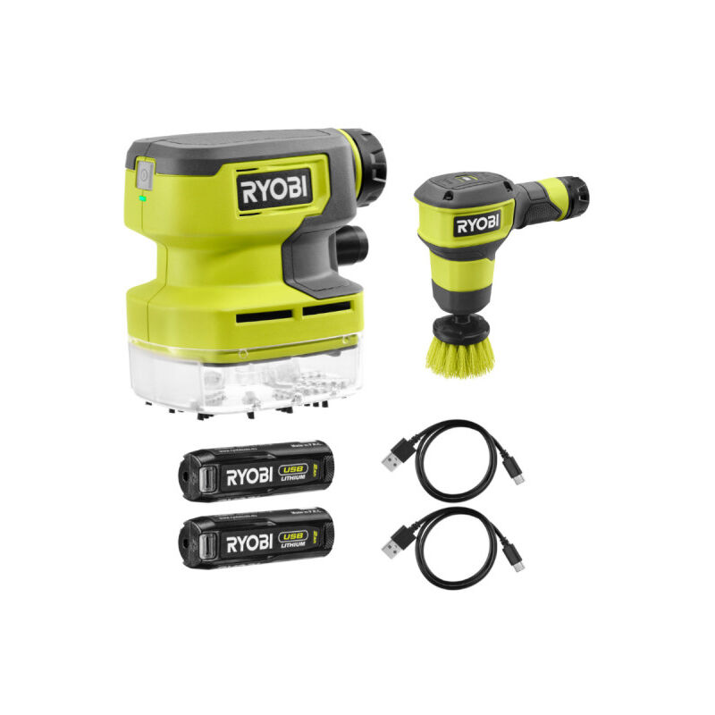 Ryobi - Pack 4V Aspirateur compact RDV4-0 - Brosse motorisée RSCR4-0 - 2 Batterie 2,0Ah - 2 Câbles usb