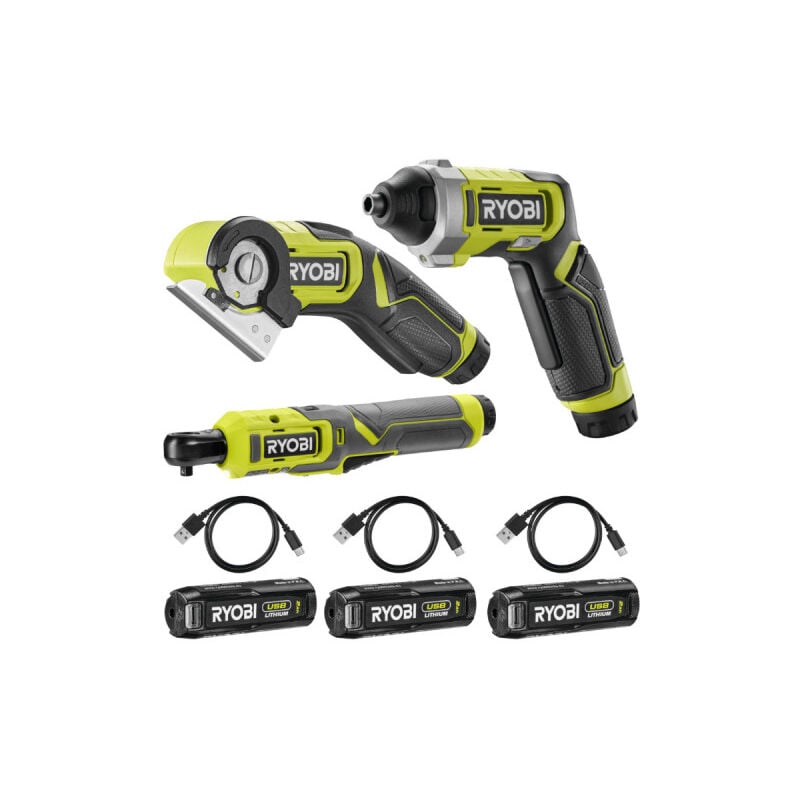 Pack Ryobi 4V Clé à cliquet - Mini-scie - Tournevis - 10 embouts - 3 Batteries 2,0Ah - 3 Câbles usb
