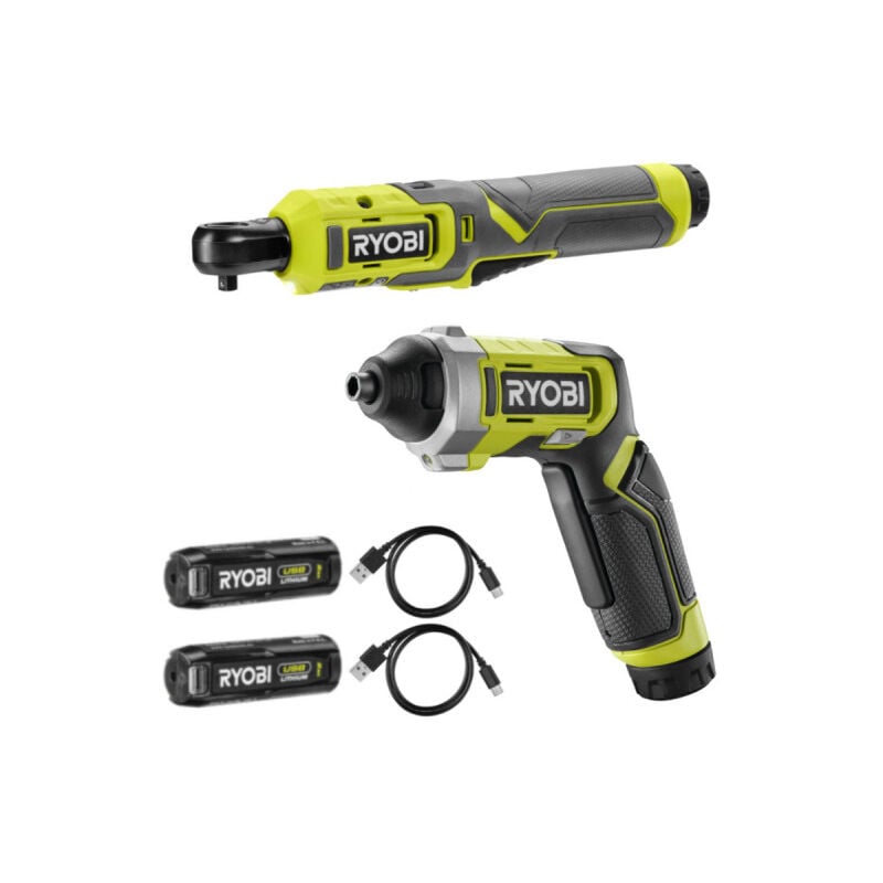 Ryobi - Pack 4V Clé à cliquet RR14W4-0 - 1/4' - Tournevis RSD4-120T - 2 Batteries 2,0Ah - 2 Câbles usb