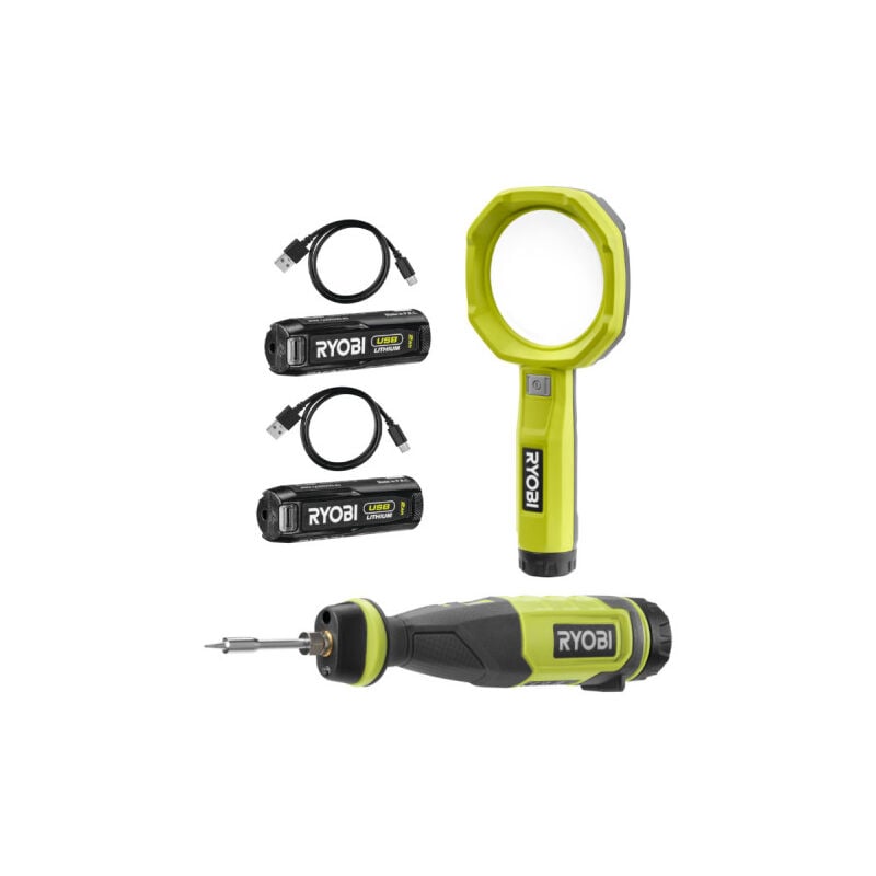 Ryobi - Pack 4V Fer à souder - Loupe éclairée - 2 Batteries 2,0Ah - 2 Câbles usb