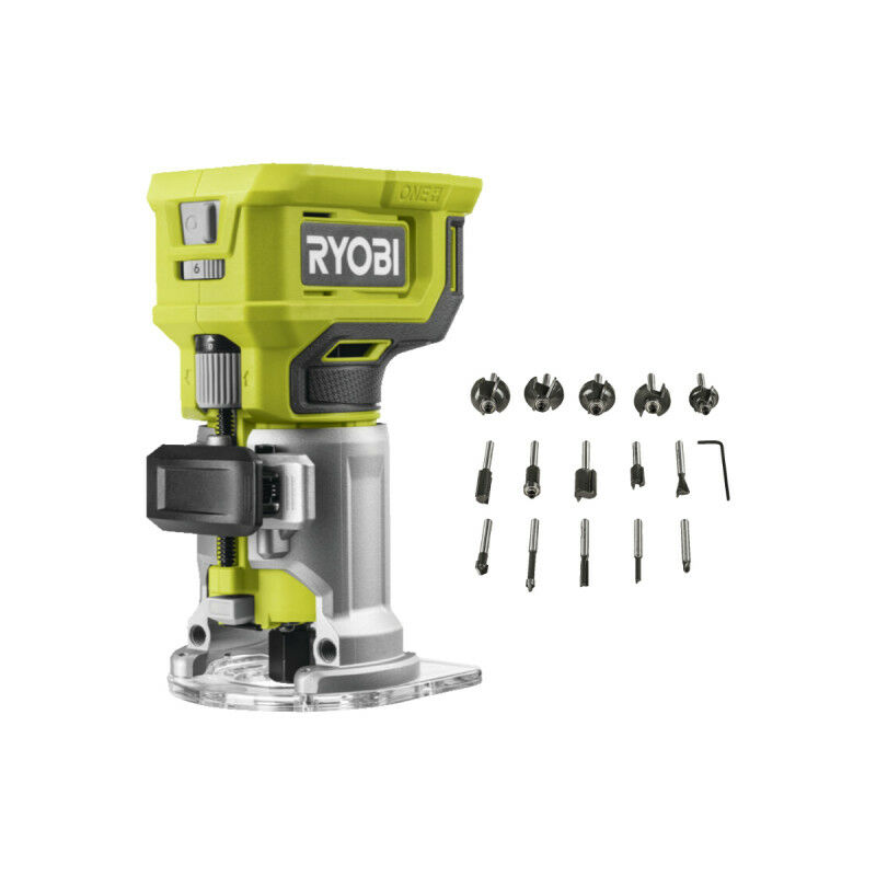 Ryobi - Pack Affleureuse à bois - RTR18-0 - 18V One+ - Sans batterie ni chargeur - Coffret 15 fraises panachées RAKRBS15 queue de diamètre 6mm