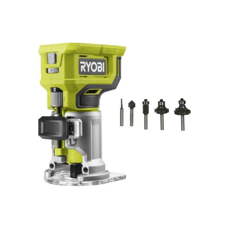 Ryobi - Pack Affleureuse à bois - RTR18-0 - 18V One+ - Sans batterie ni chargeur - Coffret 5 fraises panachées RAKRBS5 - Queue de diamètre 6mm