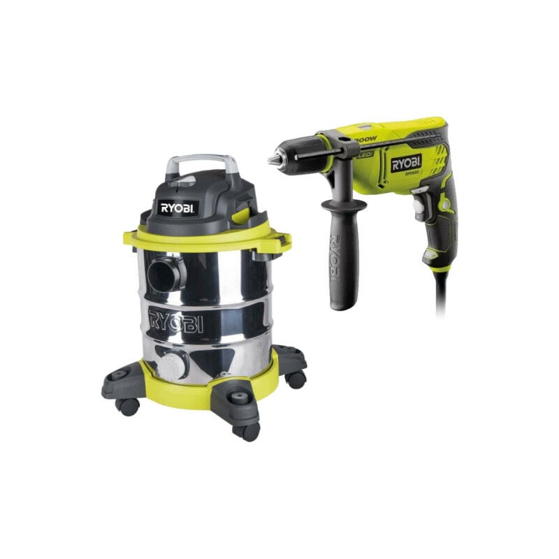 Pack RYOBI Aspirateur eau et poussière - 1250W - 20L - RVC-1220I-G - Perceuse à percussion - 800W - RPD800K