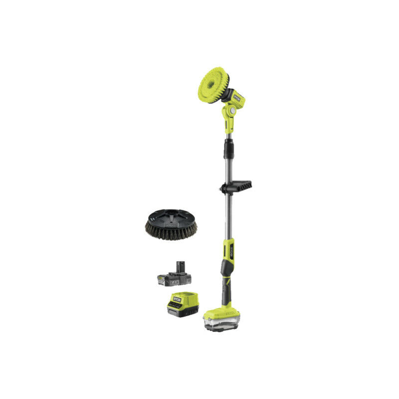 Ryobi - Pack Brosse motorisée télescopique R18TPS-120G - 18V One+ - 1 batterie 2.0Ah - 1 chargeur - Tête de brosse surfaces dures - rakscrubh