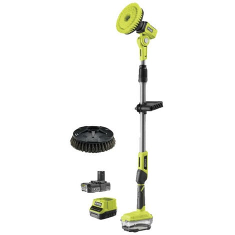 Pack RYOBI - Brosse motorisée télescopique R18TPS-120G - 18V One+ - 1 batterie 2.0Ah - 1 chargeur - Tête de brosse surfaces dures - RAKSCRUBH