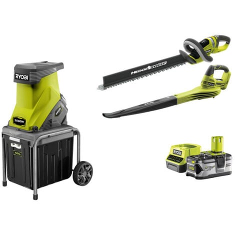 Pack RYOBI Broyeur de végétaux 2500W RSH2545B - Taille-haies 18V OnePlus OHT1855R - Souffleur 18V OnePlus RBL1820S40F - 1 batterie 4.0Ah - 1 chargeur rapide 2.0Ah