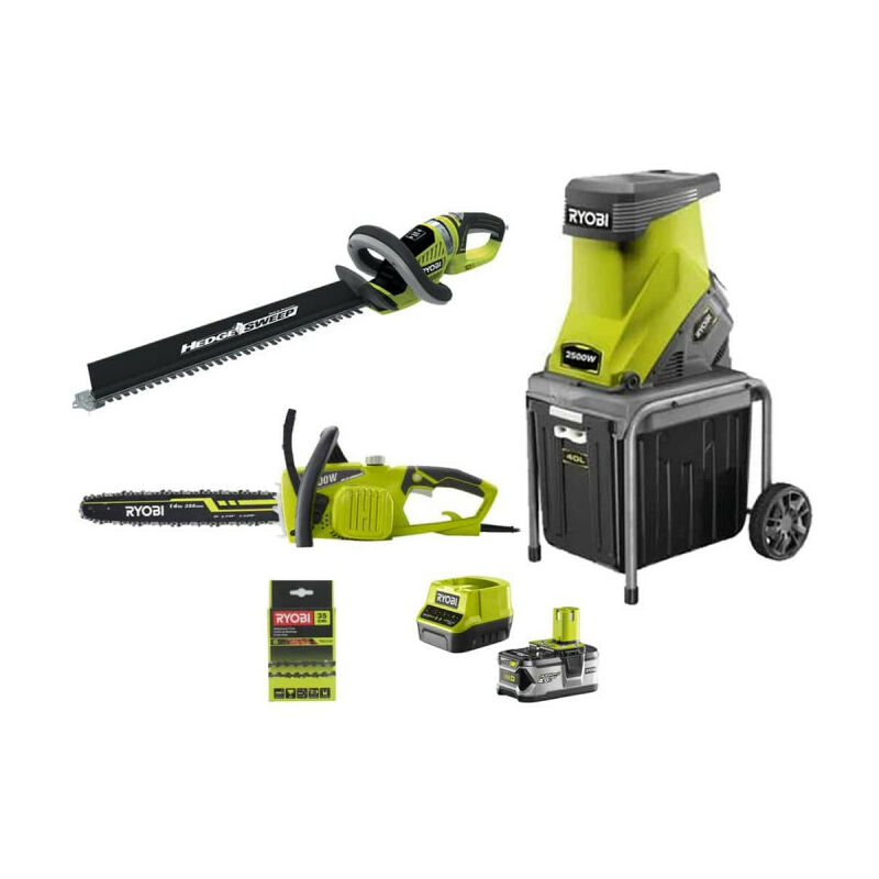 Pack RYOBI Broyeur de végétaux 2500W RSH2545B - Taille-haies 18V OnePlus OHT1855R - Tronçonneuse électrique 1900W 35cm RCS1935B2C - 2 chaines 35 cm