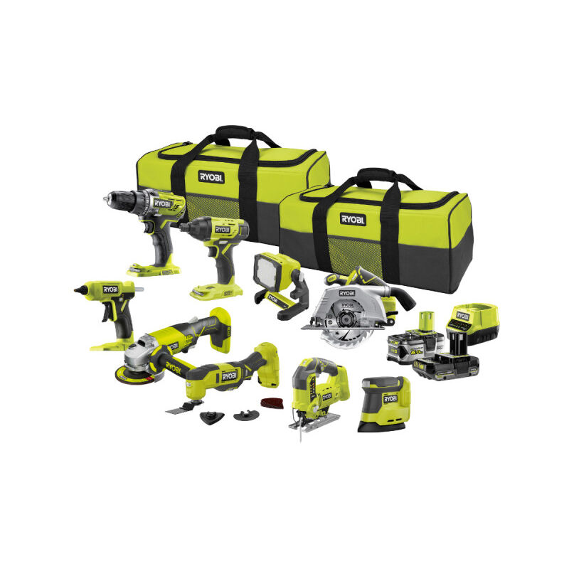 Pack RYOBI Combo 9 Outils 2 Batteries Chargeur R18CK9 252SL Perceuse Scie Meuleuse