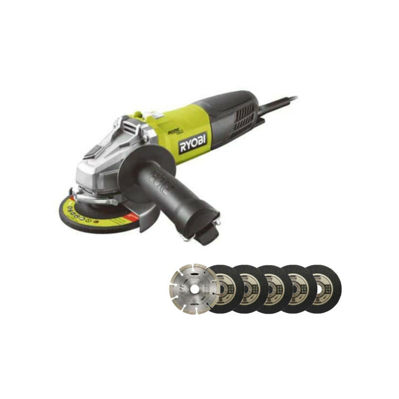 Pack Ryobi Meuleuse d'angle 800W - 125mm - RAG800-125G - Kit 6 disques 125 mm