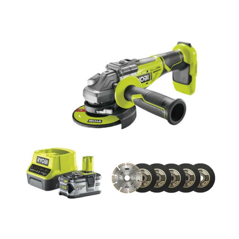 Ryobi - Pack meuleuse d'angle brushless 18V One+ - 1 batterie 18V 4.0Ah - 1 chargeur rapide - Kit 6 disques 125 mm