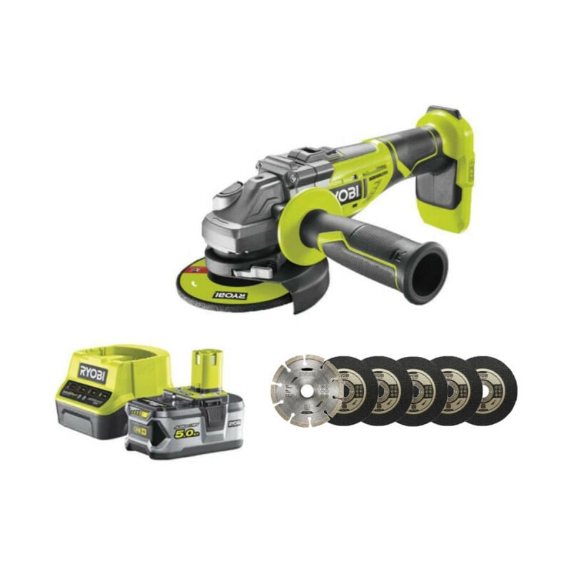 Ryobi - Pack meuleuse d'angle brushless 18V One+ R18AG7-0 - 1 batterie 18V 5.0Ah - 1 chargeur rapide - kit de 6 disques 125 mm