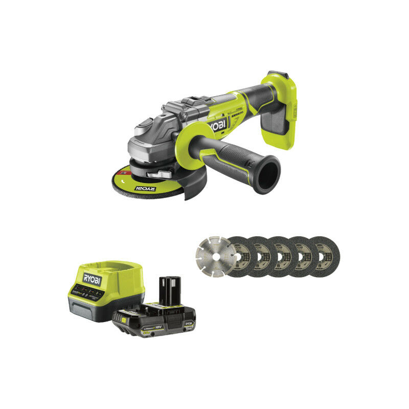 Pack Ryobi Meuleuse d'angle brushless R18AG7-0 - 18V One+ - 1 batterie 2.0Ah - 1 chargeur rapide RC18120-120 - Kit 6 disque 125 mm