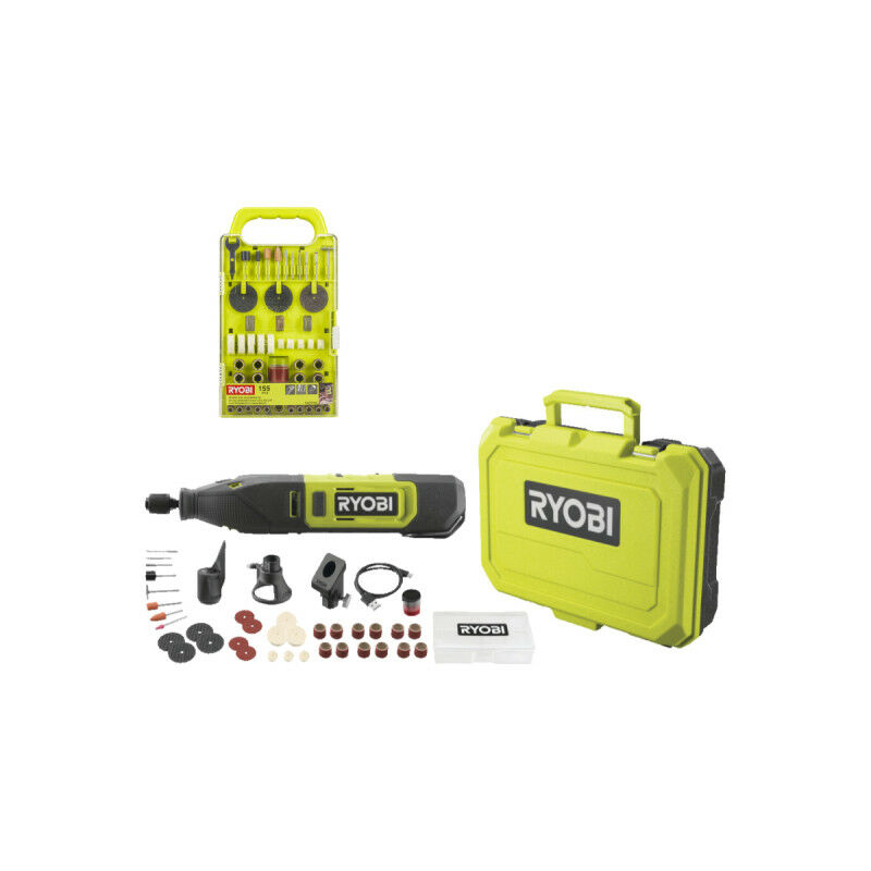 Pack Ryobi Mini-outil multifonction RRT12-120BA3/35 - 12V - 1 Batterie 2.0Ah - 1 Câble usb c - 35 Accessoires - Kit de 155 accessoires - RAKRT155