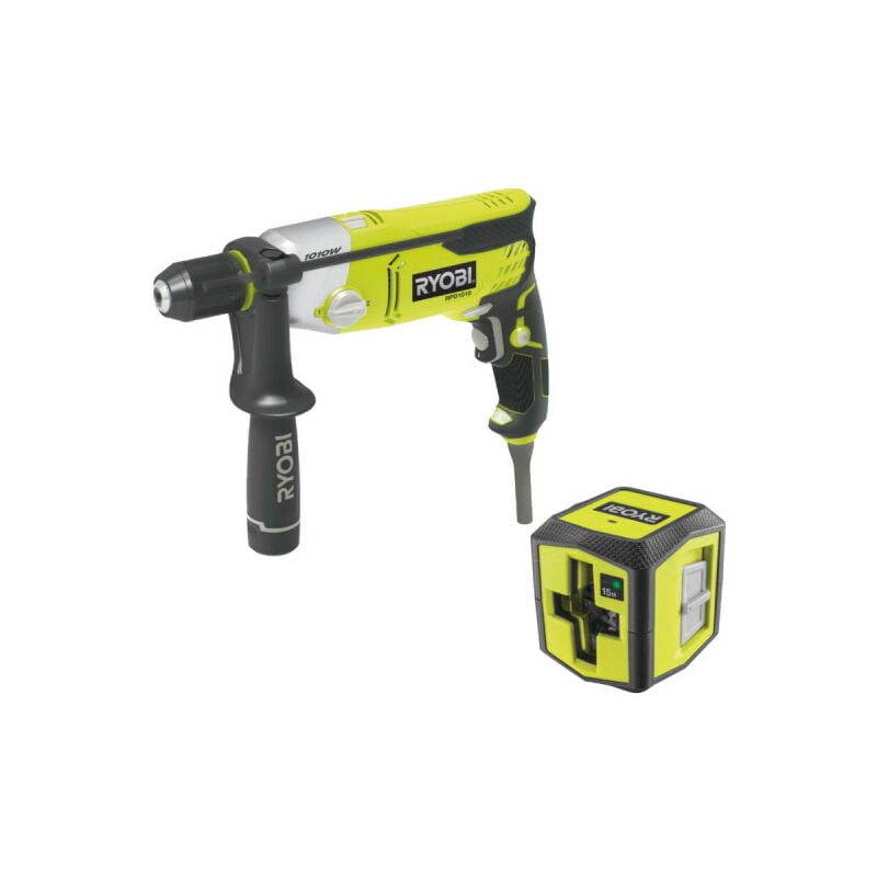 Pack Ryobi Perceuse à percussion - 1010W - RPD1010K - Laser croix verte - 15m de portée - RBCLLG1