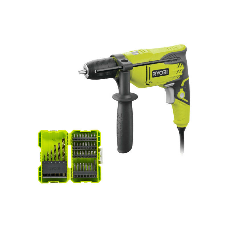 Pack Ryobi Perceuse à percussion RPD500-GC - 500W - Coffret antichocs empilable RAK38SDD 38 accessoires de perçage-vissage - porte embouts