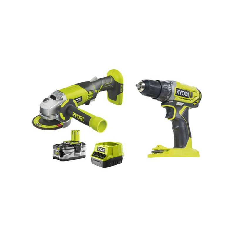 Pack Ryobi Perceuse Visseuse 18V One Plus - R18DD2-0 - Meuleuse d'angle 18V One+ - R18AG-140S - 1 batterie 4.0Ah - 1 chargeur rapide