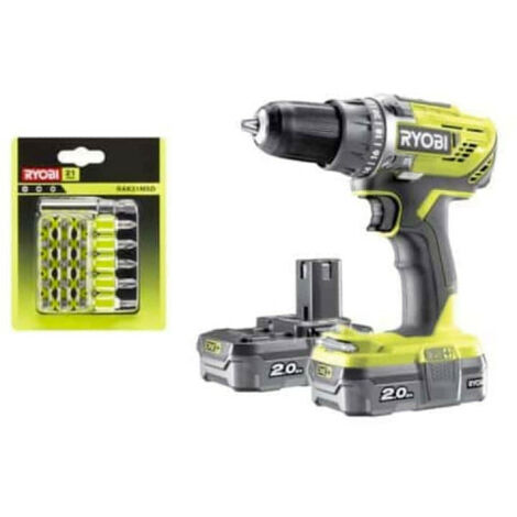 Pack RYOBI perceuse visseuse 18V OnePlus - 2 batteries 2.0Ah - chargeur rapide 2.0Ah R18DD3-220S - 21 accessoires de vissage RAK21MSD