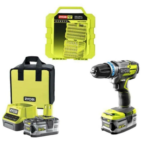 Pack RYOBI perceuse-visseuse à percussion Brushless - 1 batteries 5.0Ah- 1 batterie 2.0Ah - 1 chargeur 2.0Ah R18PDBL-252S - 127 accessoires de vissage RAK127DDSD