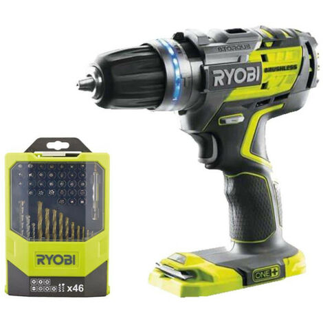 Pack RYOBI Perceuse-visseuse à percussion Brushless 18V OnePlus R18PDBL-0 - coffret 46 accessoires de perçage et vissage RAK46MIXC