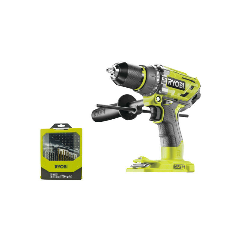 Pack Ryobi Perceuse-visseuse à percussion R18PD7-0 Brushless One+ sans batterie ni chargeur - 69 accessoires pour perçage et vissage RAK69MIX