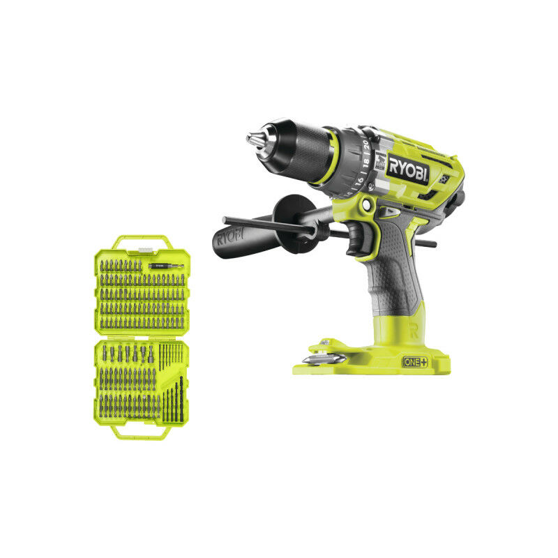 Pack Ryobi Perceuse-visseuse à percussion R18PD7-0 Brushless One+ sans batterie ni chargeur - Coffret 127 accessoires de vissage perçage RAK127DDSD