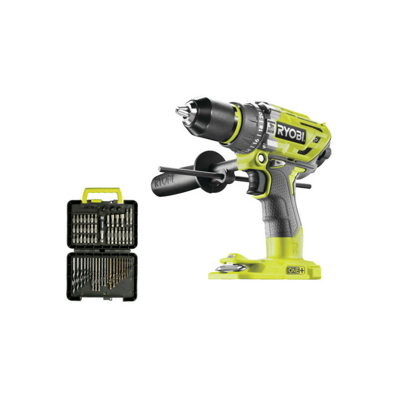 Ryobi - Pack Perceuse-visseuse à percussion R18PD7-0 Brushless One+ sans batterie ni chargeur - Coffret 60 accessoires - perçage et vissage RAK60DDF