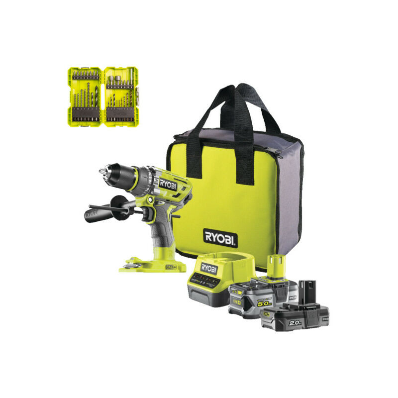 Pack Ryobi Perceuse-visseuse percussion R18PD7-252S Brushless - 2 batteries 5.0 - 2.0Ah - Chargeur - 32 accessoires perçage - vissage - boulonnage