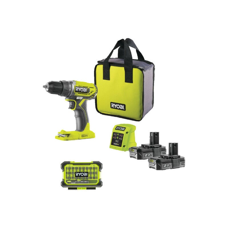 Pack Ryobi Perceuse Visseuse R18DD2-220S - 18V One Plus - 2 batteries 2,0Ah - 1 chargeur - Coffret antichocs 31 accessoires de vissage RAK31MSD