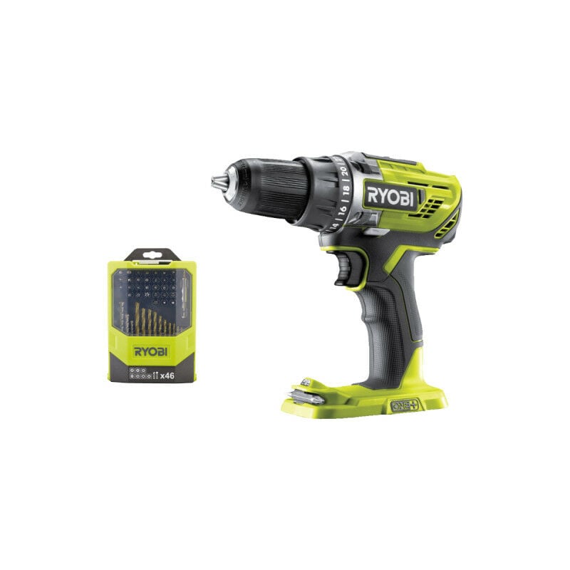 Ryobi - Pack Perceuse-visseuse R18DD3-0 - 18V One+ sans batterie ni chargeur - Coffret 46 accessoires mixtes RAK46MIX