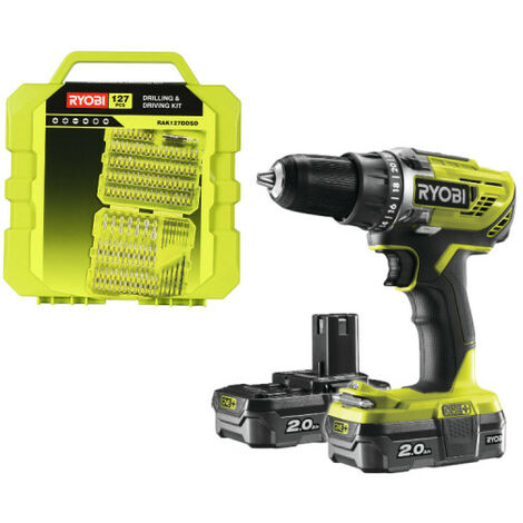 Pack RYOBI perceusse visseuse 18V One+ - 2 batteries 2.0Ah - chargeur rapide 2.0Ah-220S - Coffret 127 accessoires de vissage perçage