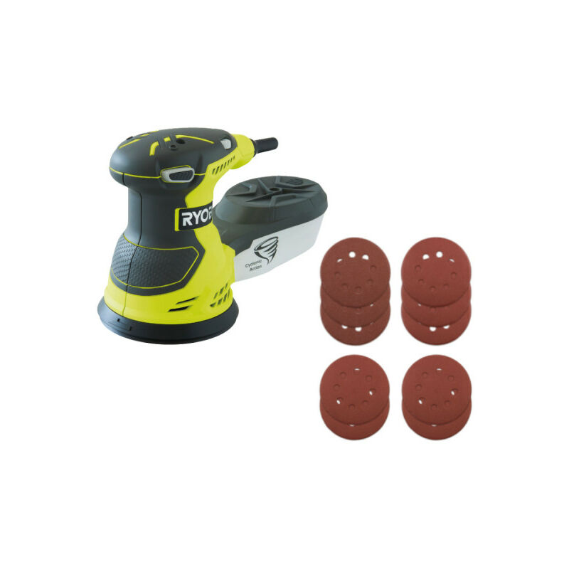 Pack Ryobi Ponceuse excentrique électrique ROS300A - 300W - sac de transport - 10 Disques abrasifs - 125mm - Grain 100, 120, 240, 320