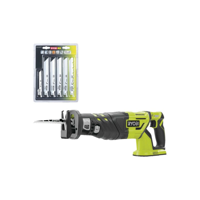 Ryobi - Pack Scie sabre Brushless R18RS7-0 - 18V One+ - sans batterie ni chargeur - Lot de 6 lames RAK06RB universelles bois et métal 100/152 mm