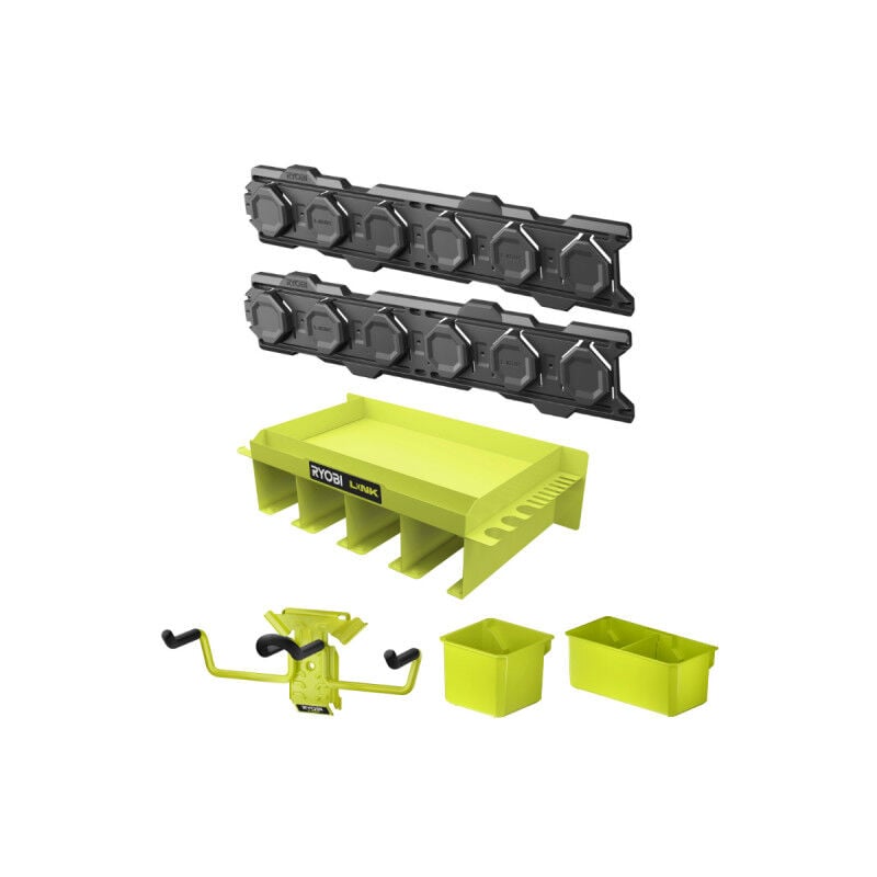 Pack Ryobi Système link 2 rails muraux - Étagère polyvalente - Bac simple et double - Crochet