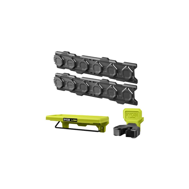 Pack RYOBI Système LINK 2 rails muraux - Pince réversible - Étagère pour produits de nettoyage