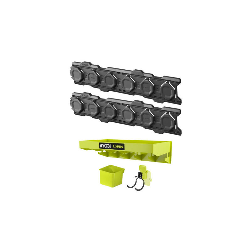 Pack Ryobi Système link 2 rails muraux - Tablette polyvalente - Bac simple - Crochet double long