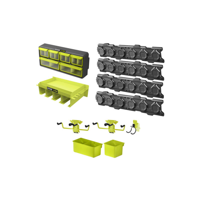 Pack Ryobi Système link 4 rails muraux - Étagère - Organisateur - Crochet double - 2 Crochets simple - Bac simple et double