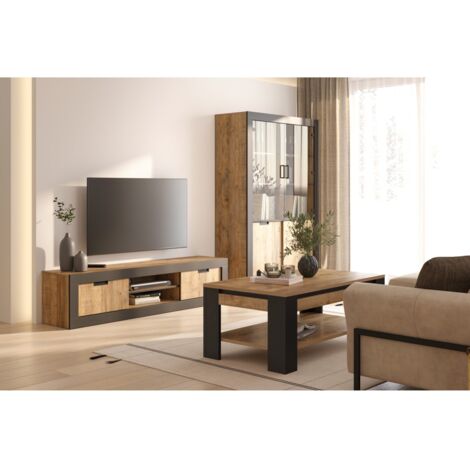 Pack salon complet MEUNIER – Meuble TV, vitrine & table basse en chêne Samdal & noir mat