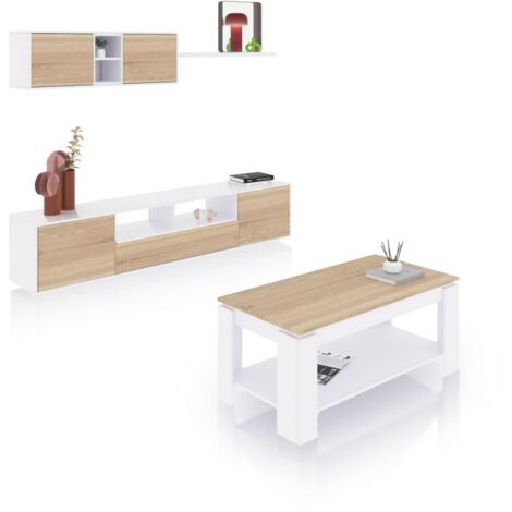 Pack salón con mesa de centro Kenzo Plus V1 Blanco Artik (Blanco Mate) - Roble Canadian (ancho) x 46cm (alto)